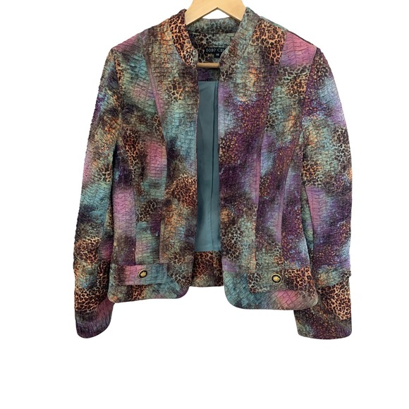 BOHO CHIC Jackets & Blazers - BOHO CHIC Textured Animal Print Jacket Teal Purple Orange Gold Button SZ 14
